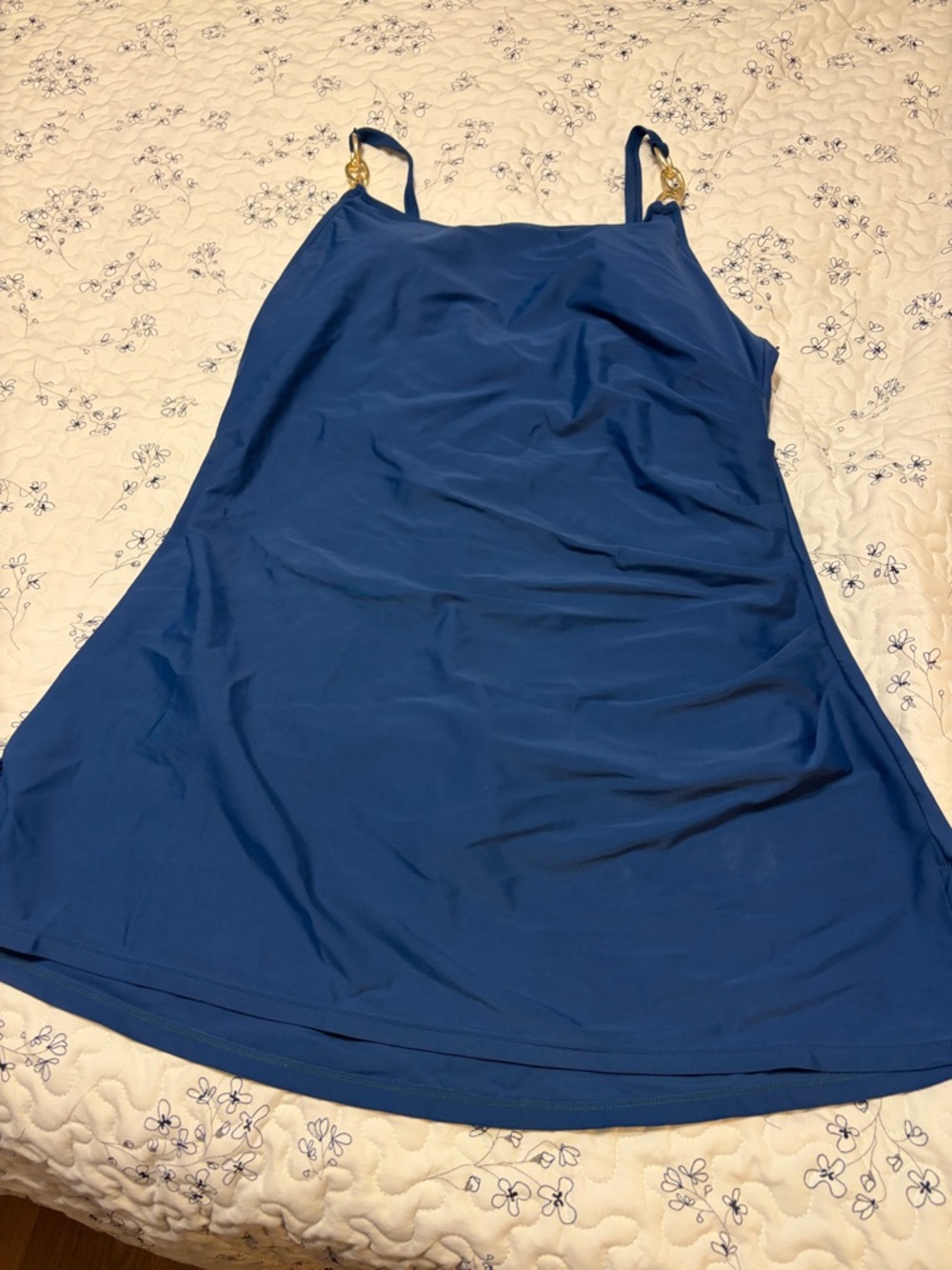Navy Blue One-Piece Swim Dress with Gold Accent